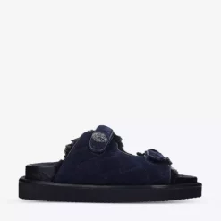 KURT GEIGER LONDON Orson Faux Fur-lined Suede Sandals Navy