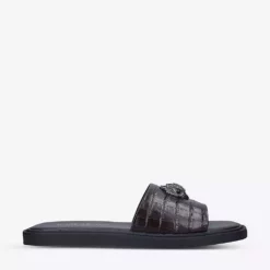 KURT GEIGER LONDON Oscar Eagle-embellished Croc-embossed Leather Sliders Brown